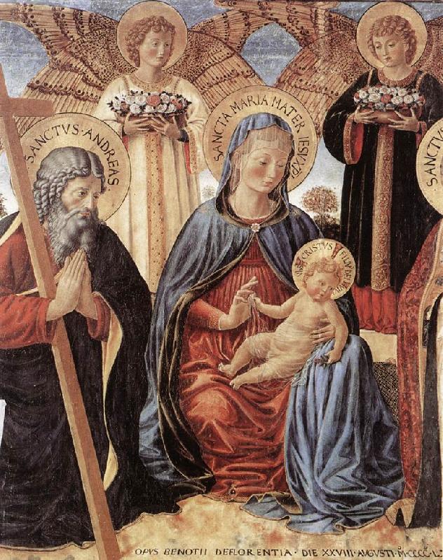 GOZZOLI, Benozzo Madonna and Child between Sts Andrew and Prosper (detail) fg